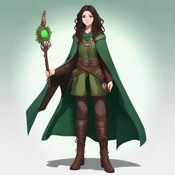 A high-resolution full-body digital art image depicts a smiling teenage female druid with long, slightly curly dark brown hair and brown eyes