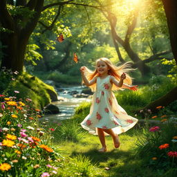 An enchanting forest glade bathed in sunlight, showcasing vibrant wildflowers and lush green foliage, with soft rays of light filtering through the trees