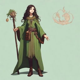 A high-resolution full-body digital art image depicts a smiling teenage female druid with long, slightly curly dark brown hair and brown eyes