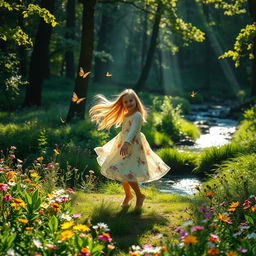 An enchanting forest glade bathed in sunlight, showcasing vibrant wildflowers and lush green foliage, with soft rays of light filtering through the trees