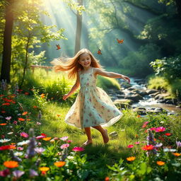 An enchanting forest glade bathed in sunlight, showcasing vibrant wildflowers and lush green foliage, with soft rays of light filtering through the trees
