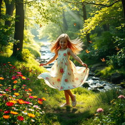 An enchanting forest glade bathed in sunlight, showcasing vibrant wildflowers and lush green foliage, with soft rays of light filtering through the trees
