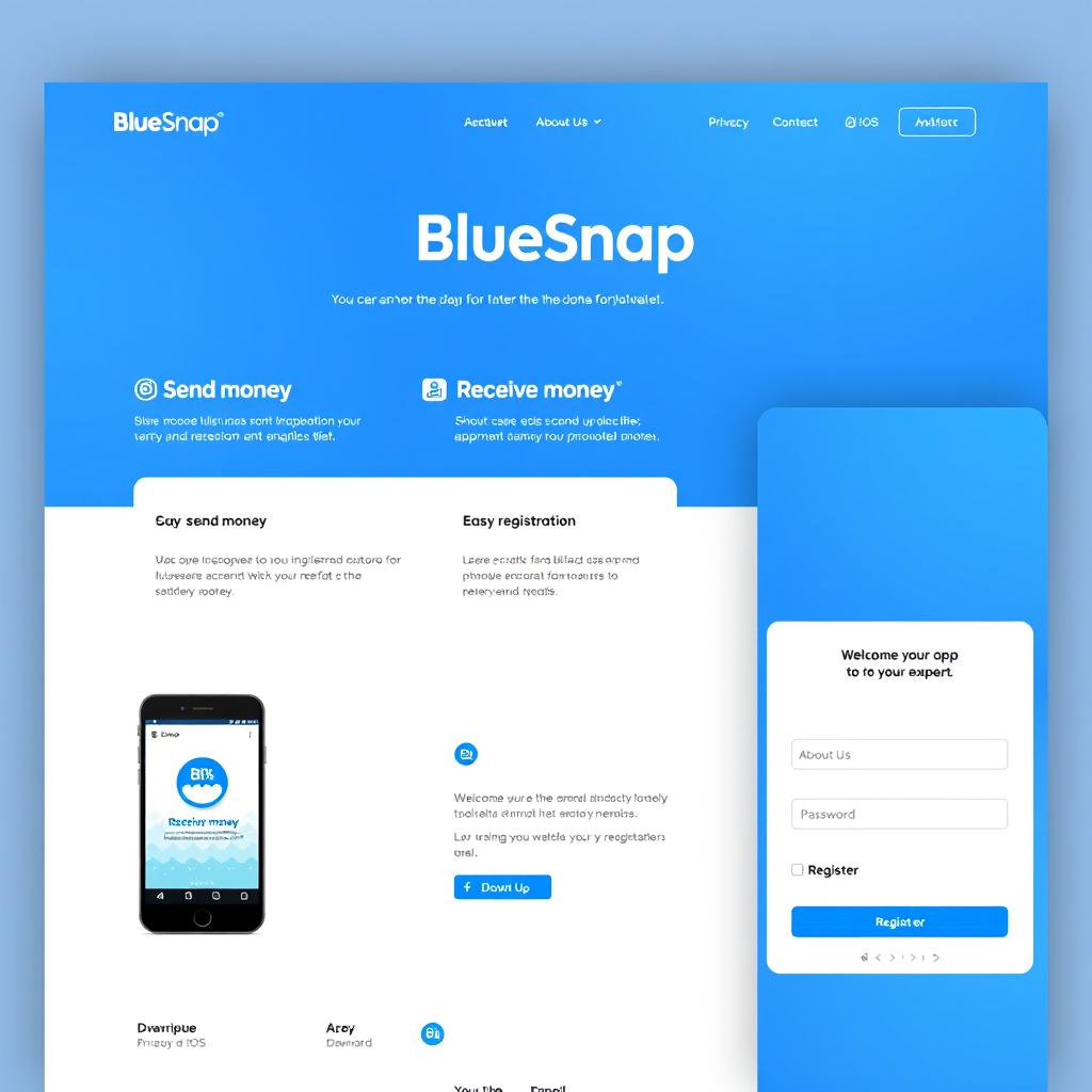 A modern, clean homepage design for a digital wallet service called 'BlueSnap'