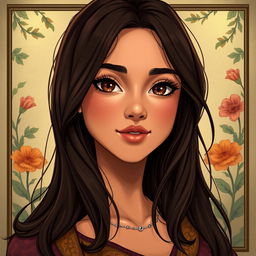 A beautifully illustrated portrait of a young Latina woman, approximately 20 years old