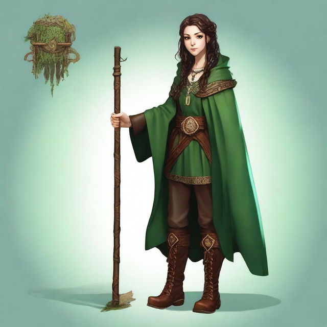 A high-resolution full-body digital art image depicts a smiling teenage female druid with long, slightly curly dark brown hair and brown eyes