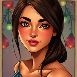 A beautifully illustrated portrait of a young Latina woman, approximately 20 years old