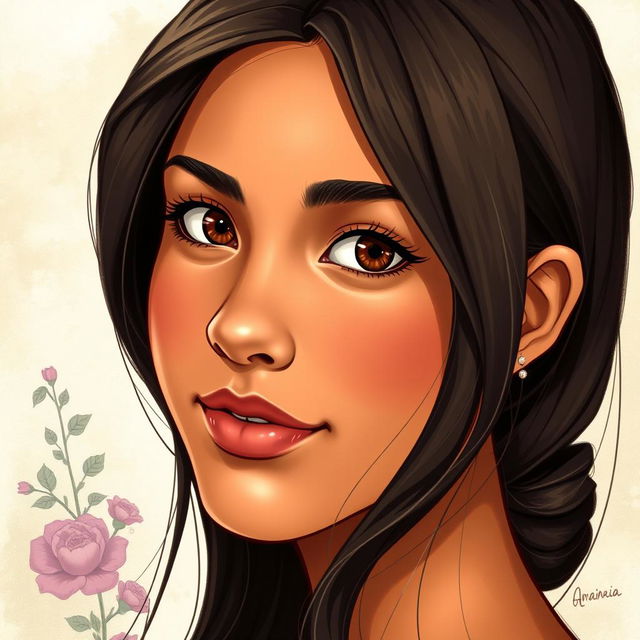 A beautifully illustrated portrait of a young Latina woman, approximately 20 years old