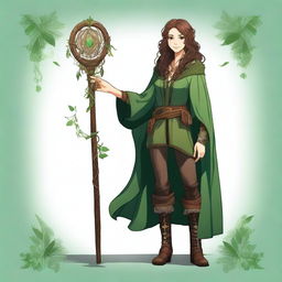 A high-resolution full-body digital art image depicts a smiling teenage female druid with long, slightly curly dark brown hair and brown eyes