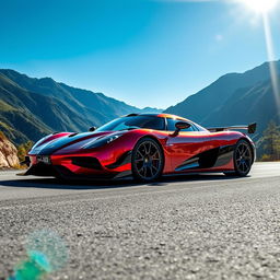 A stunning Koenigsegg supercar parked on a scenic mountain road surrounded by breathtaking nature, showcasing its sleek aerodynamic design in vibrant colors, reflecting sunlight