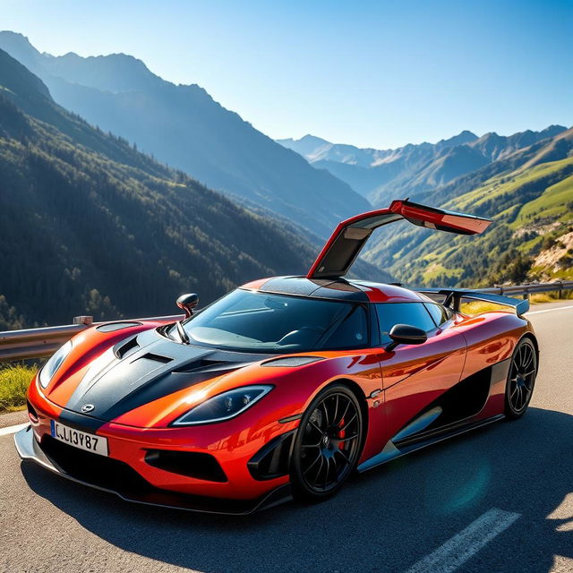 A stunning Koenigsegg supercar parked on a scenic mountain road surrounded by breathtaking nature, showcasing its sleek aerodynamic design in vibrant colors, reflecting sunlight