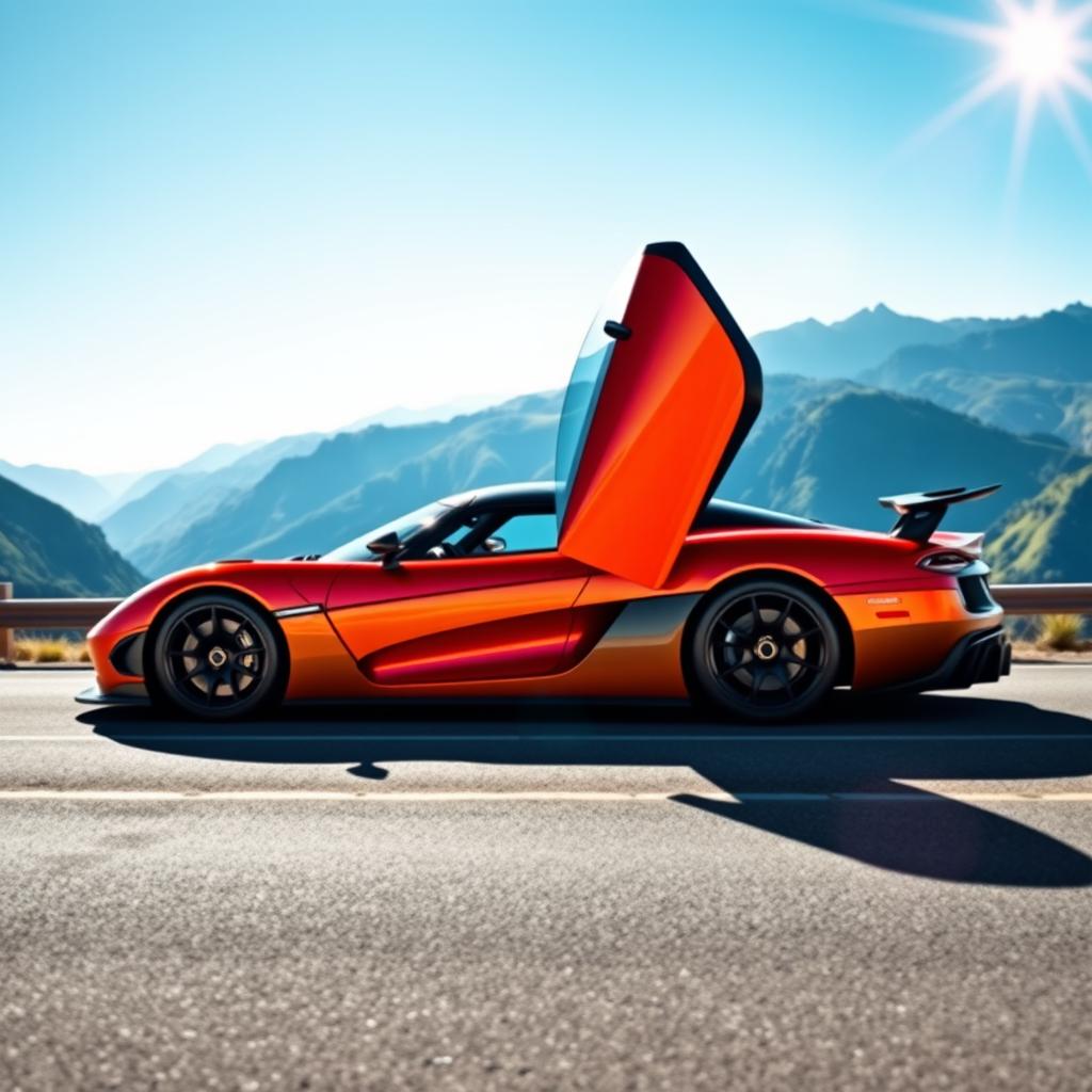 A stunning Koenigsegg supercar parked on a scenic mountain road surrounded by breathtaking nature, showcasing its sleek aerodynamic design in vibrant colors, reflecting sunlight