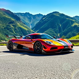 A stunning Koenigsegg supercar parked on a scenic mountain road surrounded by breathtaking nature, showcasing its sleek aerodynamic design in vibrant colors, reflecting sunlight