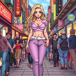 A comic book style illustration of a tall, sexy, beautiful girl with a sweetly innocent expression, featuring an hourglass figure with medium-sized breasts and ultra wide, round hips