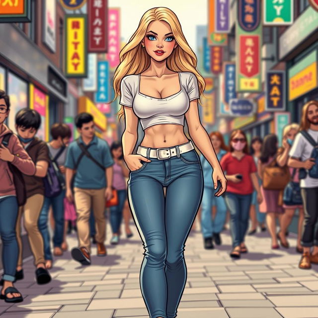 A comic book style illustration of a tall, sexy, beautiful girl with a sweetly innocent expression, featuring an hourglass figure with medium-sized breasts and ultra wide, round hips