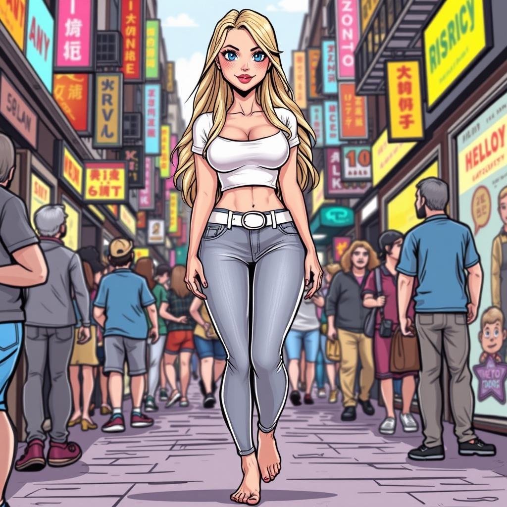 A comic book style illustration of a tall, sexy, beautiful girl with a sweetly innocent expression, featuring an hourglass figure with medium-sized breasts and ultra wide, round hips