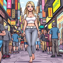 A comic book style illustration of a tall, sexy, beautiful girl with a sweetly innocent expression, featuring an hourglass figure with medium-sized breasts and ultra wide, round hips