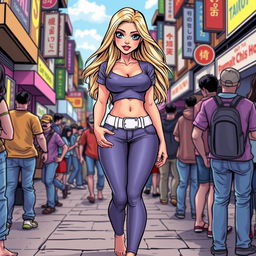 A comic book style illustration of a tall, sexy, beautiful girl with a sweetly innocent expression, featuring an hourglass figure with medium-sized breasts and ultra wide, round hips