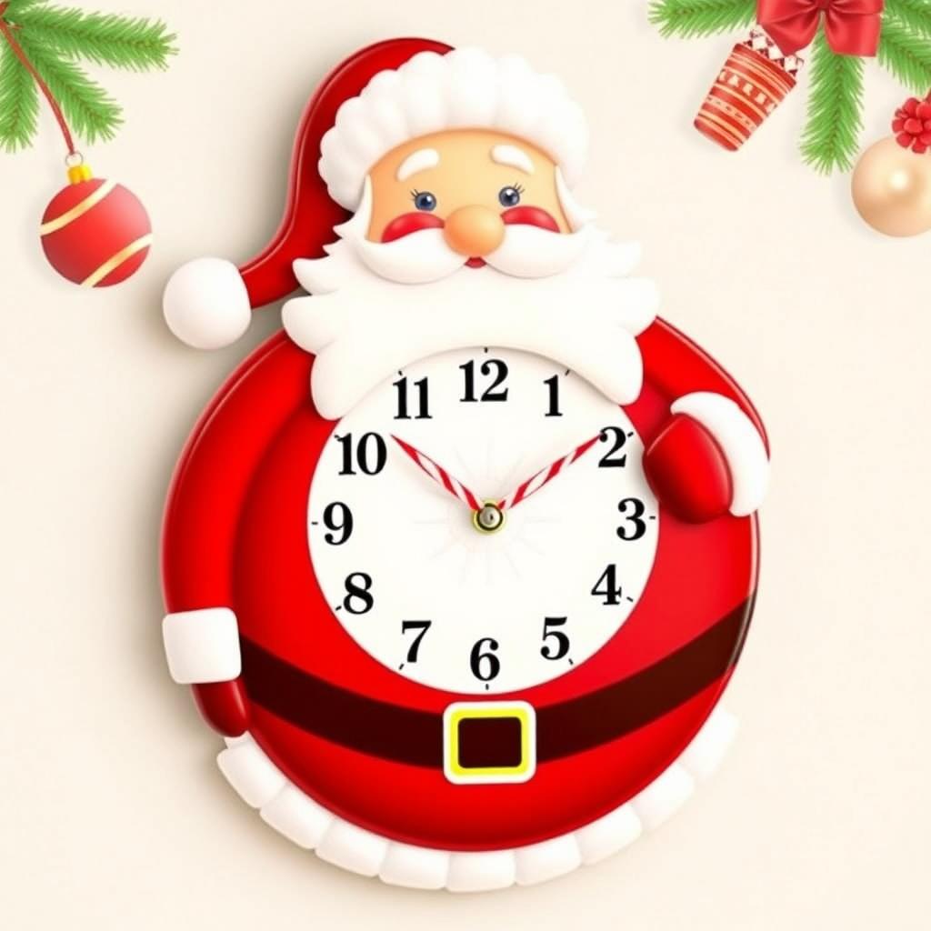 A whimsical wall clock designed in the shape of Santa Claus