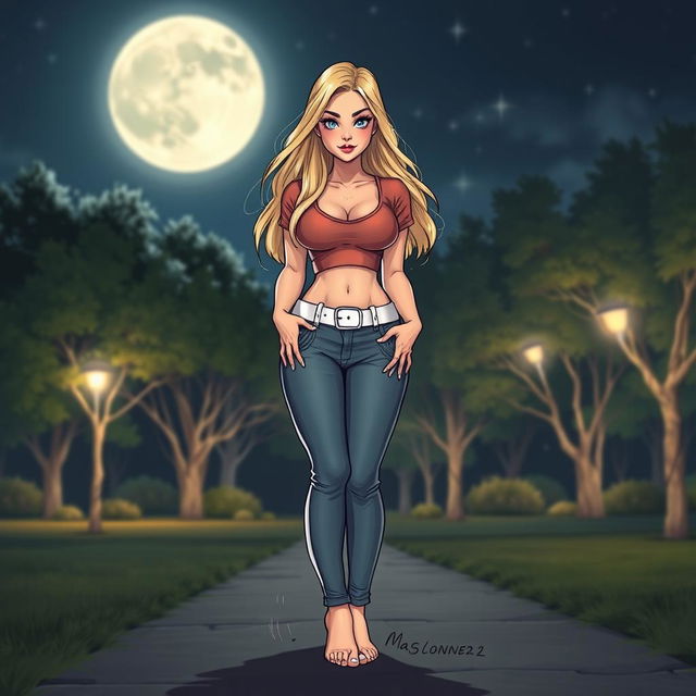 A comic book style illustration of a tall, sexy, beautiful girl with a sweetly innocent expression, featuring a curvy, voluptuous hourglass figure with medium-sized breasts and ultra wide, round hips