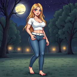 A comic book style illustration of a tall, sexy, beautiful girl with a sweetly innocent expression, featuring a curvy, voluptuous hourglass figure with medium-sized breasts and ultra wide, round hips