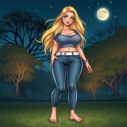 A comic book style illustration of a tall, sexy, beautiful girl with a sweetly innocent expression, featuring a curvy, voluptuous hourglass figure with medium-sized breasts and ultra wide, round hips