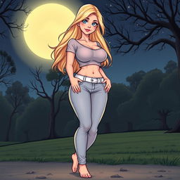 A comic book style illustration of a tall, sexy, beautiful girl with a sweetly innocent expression, featuring a curvy, voluptuous hourglass figure with medium-sized breasts and ultra wide, round hips