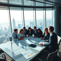 A sleek, modern office environment with a panoramic view of a bustling financial district