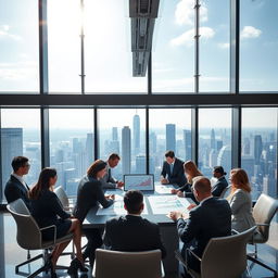 A sleek, modern office environment with a panoramic view of a bustling financial district