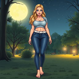 A comic book style illustration of a tall, sexy, beautiful girl with a sweetly innocent expression, showcasing a curvy, voluptuous hourglass figure with medium-sized breasts and ultra wide, round hips