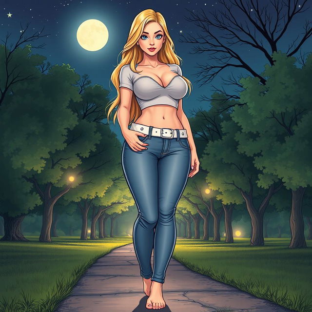 A comic book style illustration of a tall, sexy, beautiful girl with a sweetly innocent expression, showcasing a curvy, voluptuous hourglass figure with medium-sized breasts and ultra wide, round hips