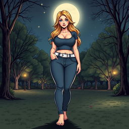 A comic book style illustration of a tall, sexy, beautiful girl with a sweetly innocent expression, showcasing a curvy, voluptuous hourglass figure with medium-sized breasts and ultra wide, round hips