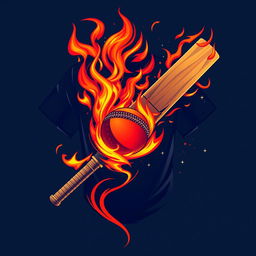 A dynamic and eye-catching cricket t-shirt design featuring vibrant flames and fire elements intertwined with a cricket ball and bat