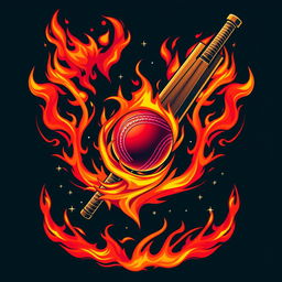 A dynamic and eye-catching cricket t-shirt design featuring vibrant flames and fire elements intertwined with a cricket ball and bat