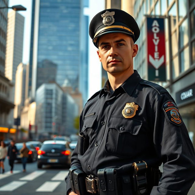 A highly detailed, realistic image of a policeman standing confidently in an urban environment, wearing a police uniform complete with a badge and a utility belt