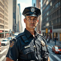 A highly detailed, realistic image of a policeman standing confidently in an urban environment, wearing a police uniform complete with a badge and a utility belt