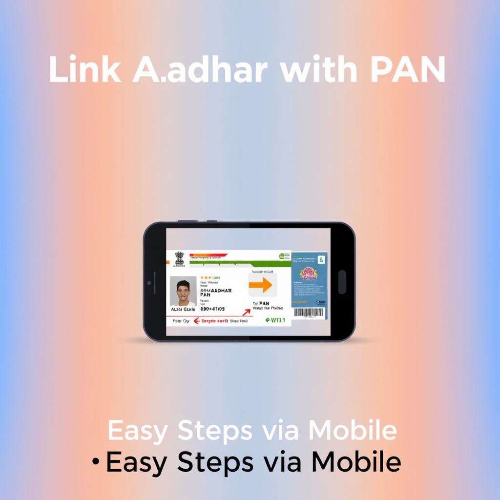 A visually engaging YouTube thumbnail illustrating the process of linking an Aadhar card with a PAN card using a mobile phone