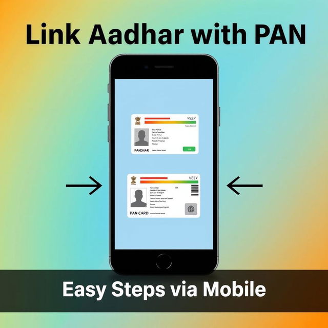 A visually engaging YouTube thumbnail illustrating the process of linking an Aadhar card with a PAN card using a mobile phone