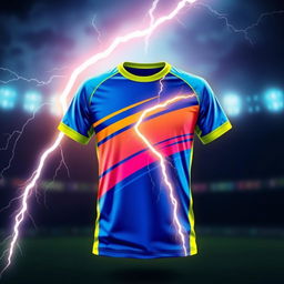 A stylish cricket t-shirt design featuring a bold graphic of thunder, illuminating the background with an electrifying atmosphere