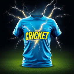A stylish cricket t-shirt design featuring a bold graphic of thunder, illuminating the background with an electrifying atmosphere