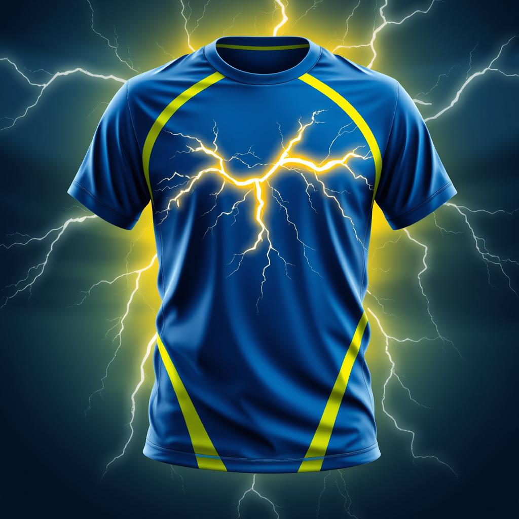 A stylish cricket t-shirt design featuring a bold graphic of thunder, illuminating the background with an electrifying atmosphere