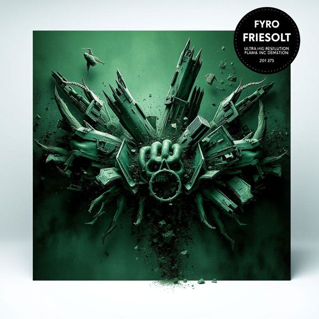 a stunning album art cover featuring a dark green color palette, showcasing an aggressive visual