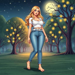 A comic book style illustration of a tall, sexy, beautiful girl with a sweetly innocent vibe, showcasing a curvy, voluptuous hourglass shape with medium-sized breasts and ultra wide, round hips