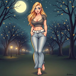 A comic book style illustration of a tall, sexy, beautiful girl with a sweetly innocent vibe, showcasing a curvy, voluptuous hourglass shape with medium-sized breasts and ultra wide, round hips