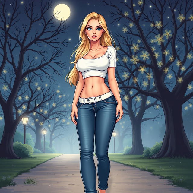 A comic book style illustration of a tall, sexy, beautiful girl with a sweetly innocent vibe, showcasing a curvy, voluptuous hourglass shape with medium-sized breasts and ultra wide, round hips