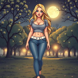 A comic book style illustration of a tall, sexy, beautiful girl with a sweetly innocent vibe, showcasing a curvy, voluptuous hourglass shape with medium-sized breasts and ultra wide, round hips