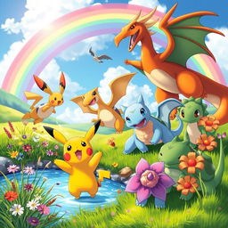 A vibrant and imaginative scene featuring a group of diverse Pokémon in their natural habitat, including an electric Pikachu, a playful Squirtle, a majestic Charizard soaring through the sky, and a curious Bulbasaur exploring the lush greenery