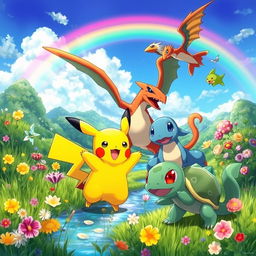 A vibrant and imaginative scene featuring a group of diverse Pokémon in their natural habitat, including an electric Pikachu, a playful Squirtle, a majestic Charizard soaring through the sky, and a curious Bulbasaur exploring the lush greenery