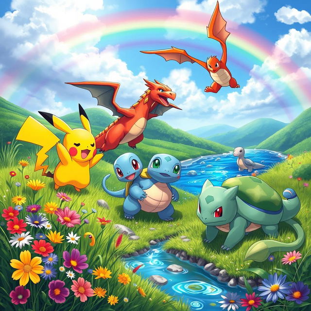 A vibrant and imaginative scene featuring a group of diverse Pokémon in their natural habitat, including an electric Pikachu, a playful Squirtle, a majestic Charizard soaring through the sky, and a curious Bulbasaur exploring the lush greenery