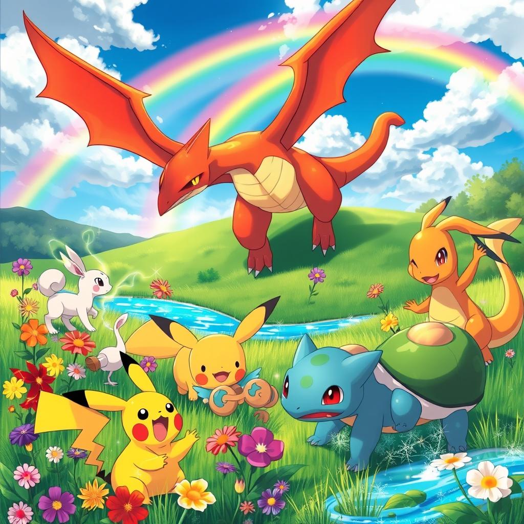 A vibrant and imaginative scene featuring a group of diverse Pokémon in their natural habitat, including an electric Pikachu, a playful Squirtle, a majestic Charizard soaring through the sky, and a curious Bulbasaur exploring the lush greenery