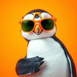 An adorable penguin wearing trendy orange sunglasses, striking a fun pose against a vibrant orange background